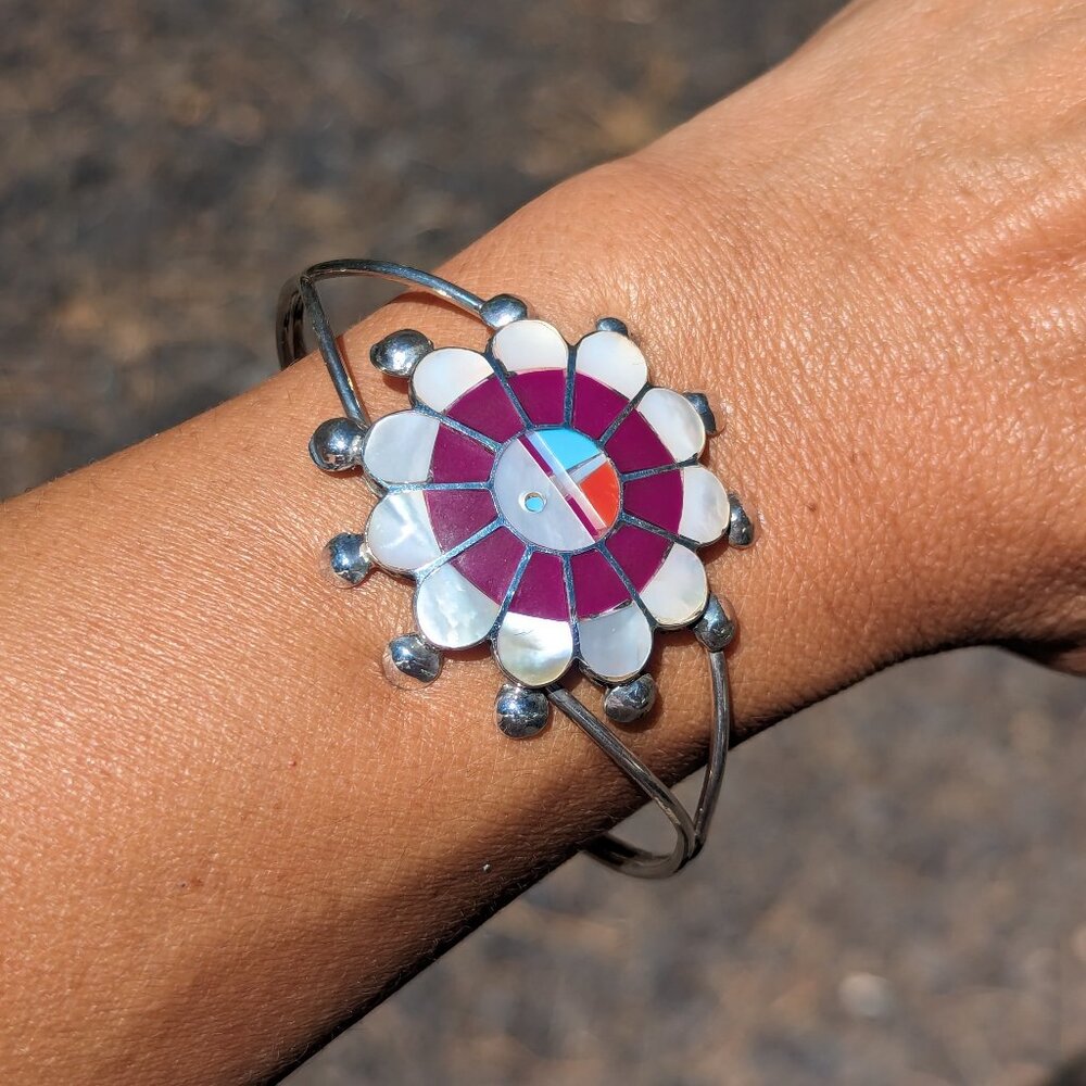 Authentic Native American Sun Face Inlay Cuff Sterling Silver Bracelet Sz 7 in.*
